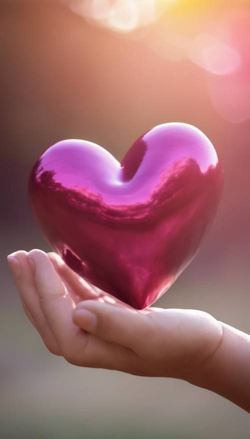 Un cuore rosa scuro tenuto dalla mano di un bambino su uno sfondo soleggiato all&#39;aperto.