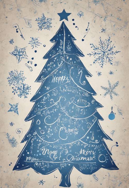 Niebieska pocztówka bożonarodzeniowa z odręcznymi życzeniami i świątecznymi rysunkami