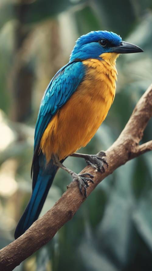 Seekor burung tropis biru cerah bertengger di dahan