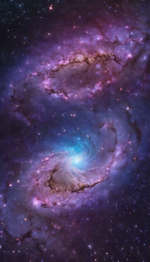 A spiral galaxy against a radiant cosmic nebula with deep blue and purple hues Tapeta [76117a773e4d48cbb244]