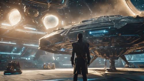 A futuristic space-pirate standing in front of his starship.