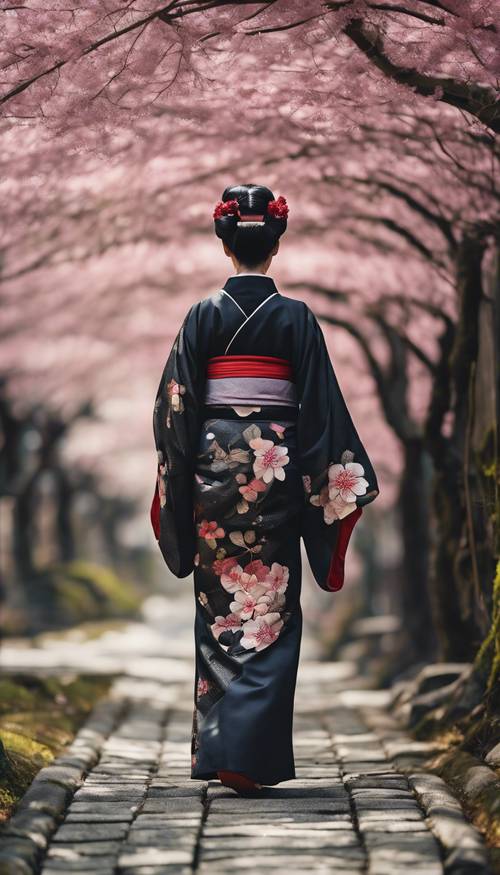 A traditional black Japanese kimono with intricate floral patterns worn by a geisha walking on a stone path.