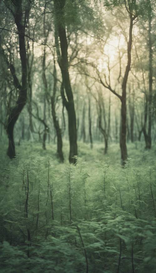 תמונה מופשטת מאופקת וירוק מרווה המזכירה יער בשעות הבוקר המוקדמות.