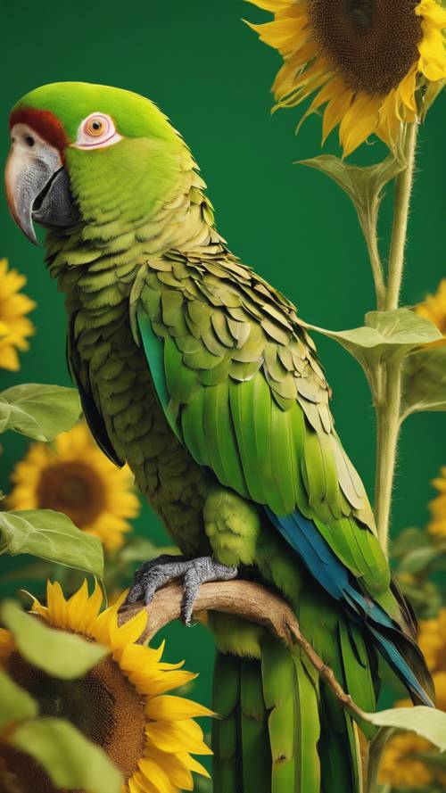 A green parrot stands on a strong sunflower, curiously looking at the sunflower seeds.