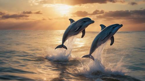 A playful depiction of two dolphins leaping over the ocean at sunset with the quote 'Go with the flow.'