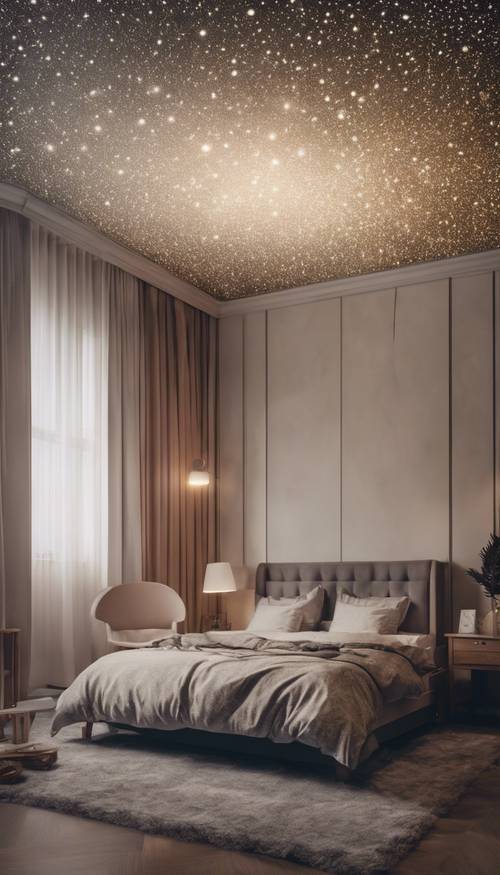 Camera da letto minimalista con soffitto che ricorda una notte stellata.