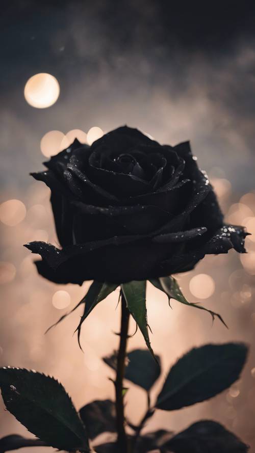 一朵黑玫瑰盛开，沐浴在柔和的月光下。