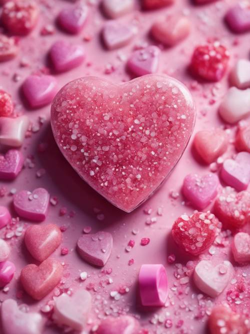 A heart-shaped candy with a gradation from pale to dark pink, sprinkled with glittering sugar.