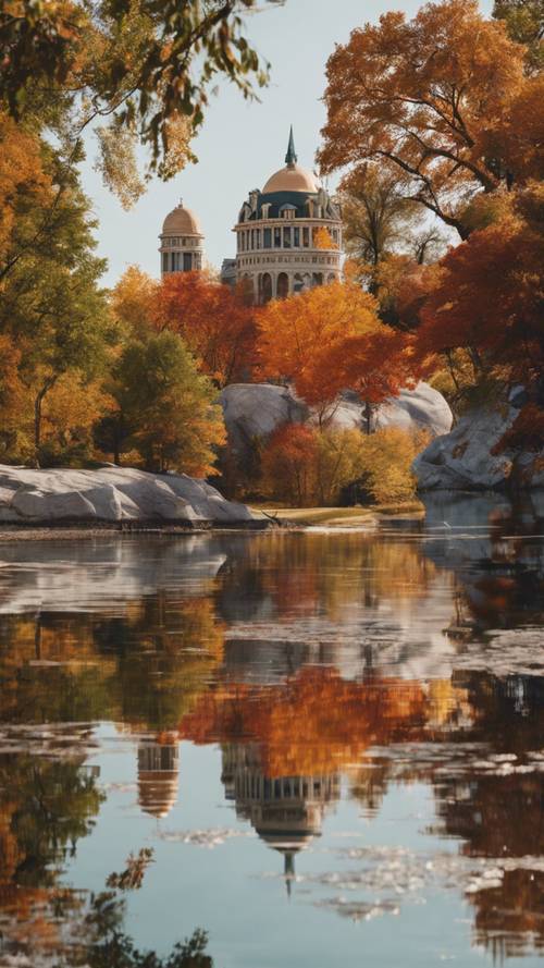 Belle Isle yang terkenal di Detroit, Michigan dengan rangkaian warna musim gugur yang mempesona terpantul di perairan.