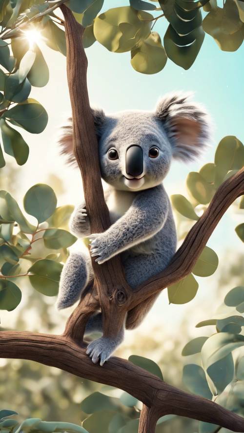 Un joven koala de dibujos animados colgado de un árbol de eucalipto bajo el cielo soleado.