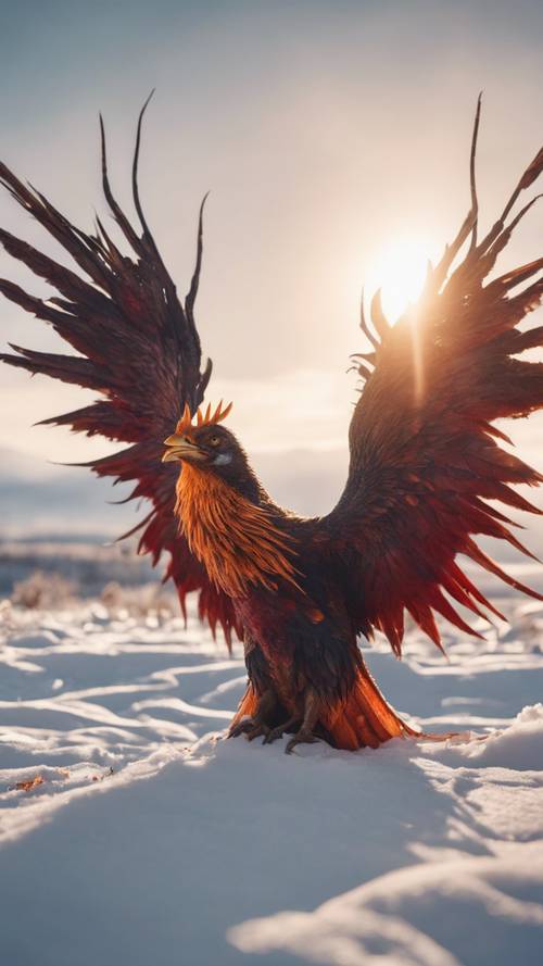 Seekor burung phoenix yang terluka, sedang beristirahat, tubuhnya bersinar dengan kehangatan di lanskap dingin yang tertutup salju.