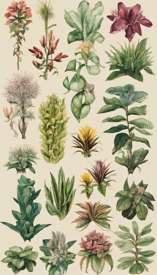 Vintage-botanische Illustrationen seltener exotischer Pflanzen und leuchtender Blumen.