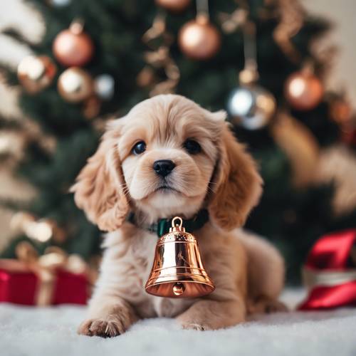 Um cachorrinho adorável com um sino de Natal em ouro rosa ao lado de uma árvore de Natal.