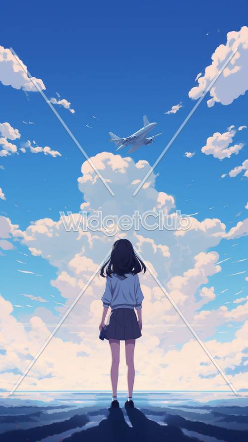 Girl Watching Airplane in Sky