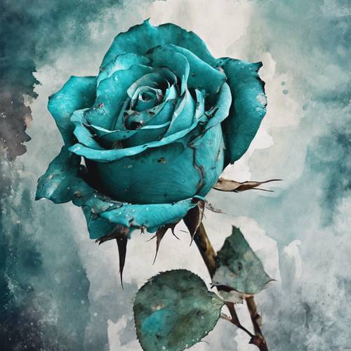 一幅富有表現力的水彩畫，畫的是一朵被毀壞的青色玫瑰。