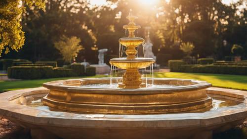 A shiny gold marble fountain in the center of a garden during the sunset