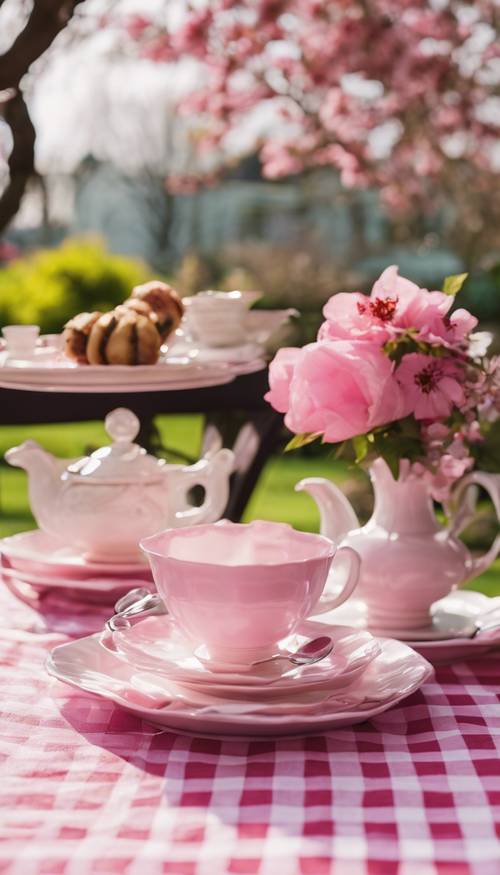 A pink checkered tablecloth set for an afternoon tea party in a garden.