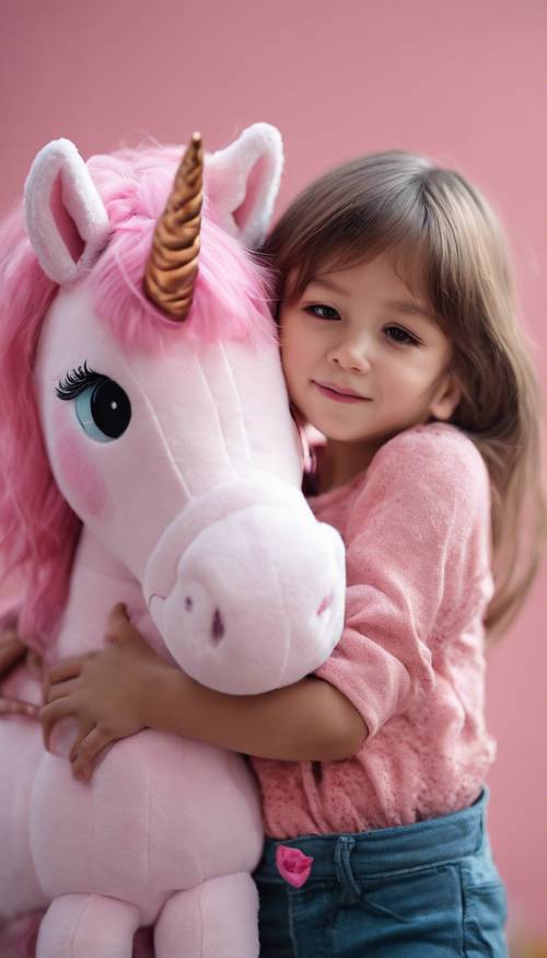 A little girl hugging her cute pink unicorn plushie".