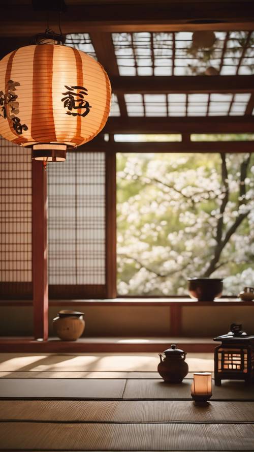 Uma cena interna de uma tradicional casa de chá japonesa iluminada por lanternas, apresentando uma cerimônia de chá individual.