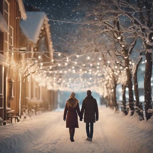 A romantic couple holding hands, walking down a snowy lane lit by Christmas lights.