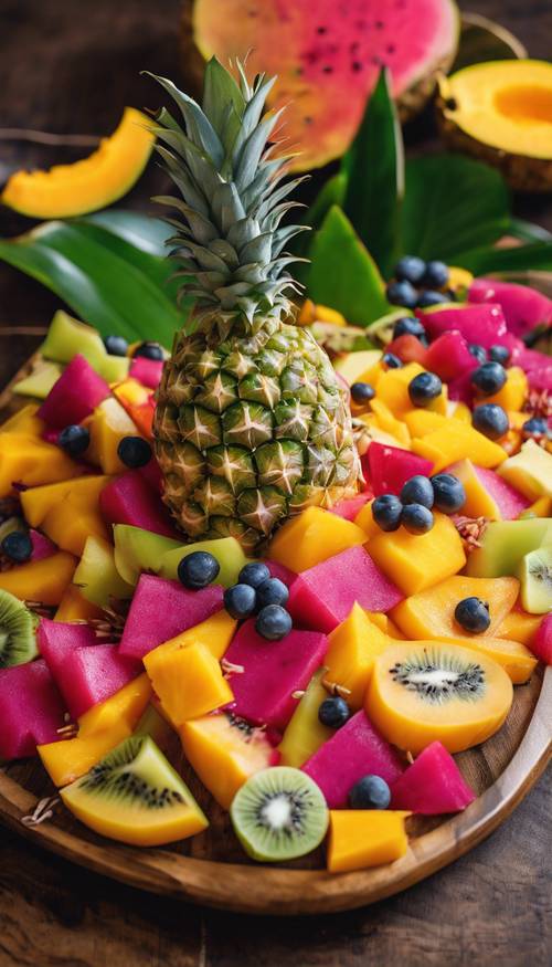 A vibrant, exotic tropical fruit salad with pieces of freshly cut mangoes, papayas, pineapples, and dragon fruit on a bamboo serving platter.