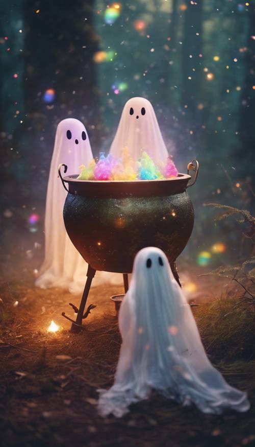 Adorable ghosts, dancing merrily around a cauldron filled with shimmery rainbow potion in a misty, starlit glade.