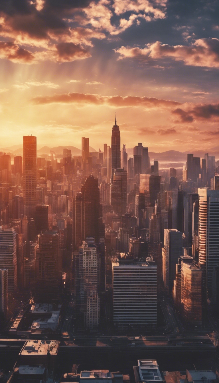 Digital representation of a sun setting over a city skyline, done in the style of the 90s graphics. Fondo de pantalla[a202f92c055b43e4929a]