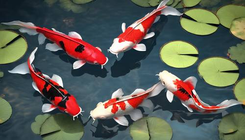 Peixes Koi vermelhos e pretos 3D incrivelmente realistas nadando pacificamente por um lago calmo e cristalino, repleto de delicados nenúfares.