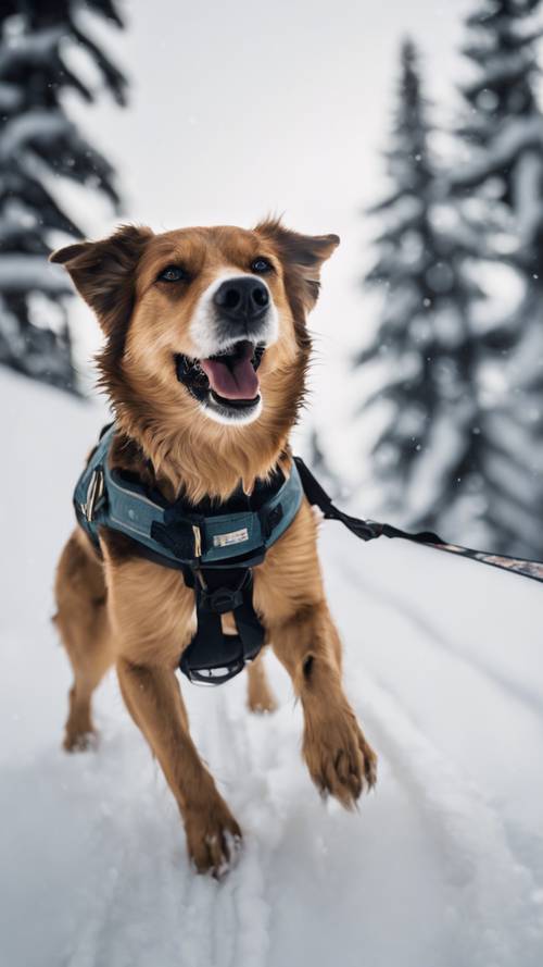 Un cane eccitato che segue felicemente uno snowboarder lungo un sentiero di montagna innevato.