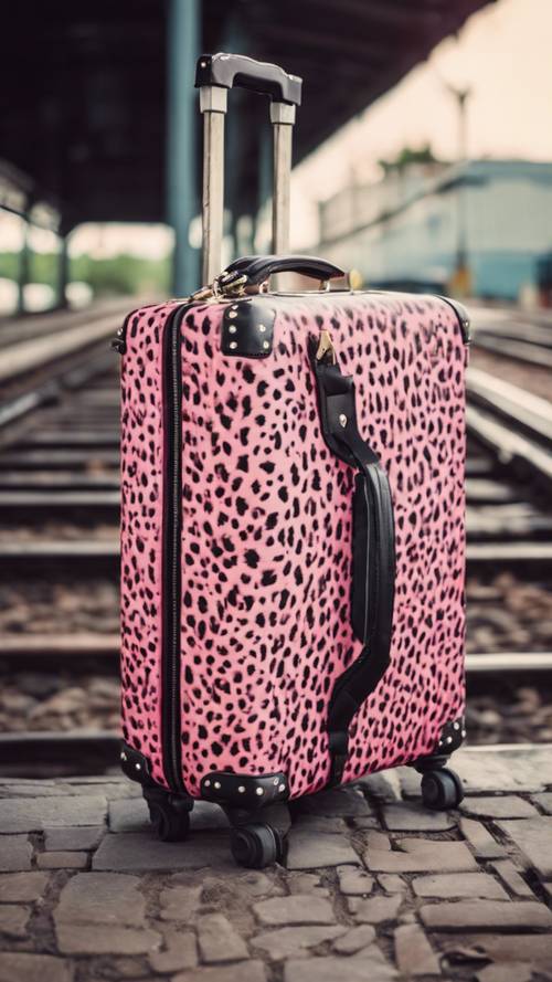 A fashionable pink cheetah print suitcase on a railway platform.