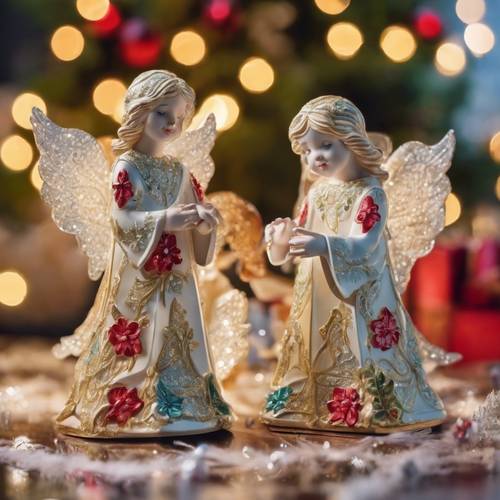 A set of ornate Christmas Angels crafted and painted in bright, cheerful colors. Tapet [43b9bf810a234d3483d0]