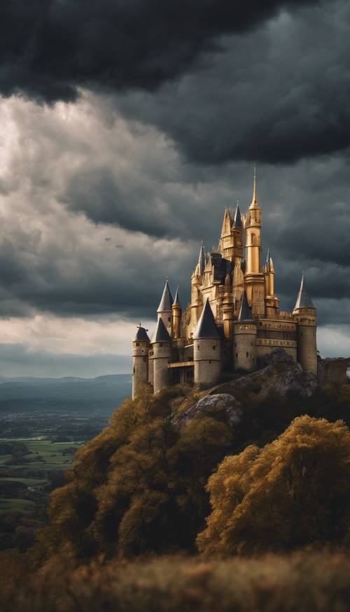 Un majestuoso castillo dorado oscuro en la cima de una colina bajo un cielo tormentoso Fondo de pantalla [4baca78daa1744d2ac84]