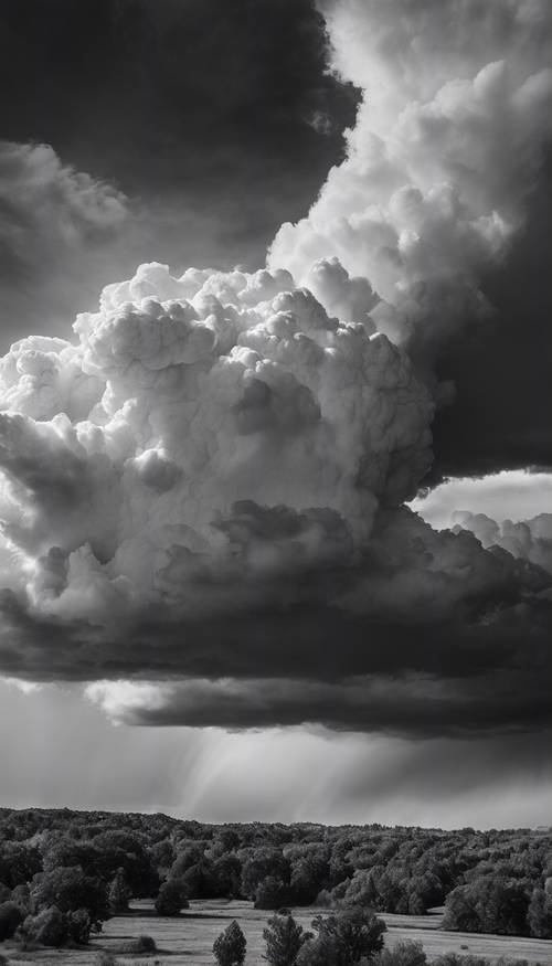 一张戏剧性的黑白照片，天空中乌云密布。