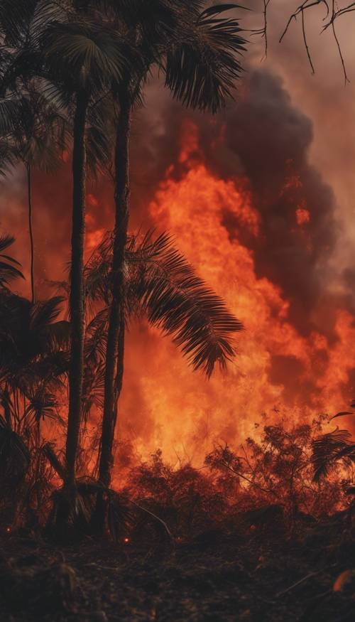 An eerie yet beautiful tropical forest fire scene, orange-red flames and billows of black smoke against the sunset.