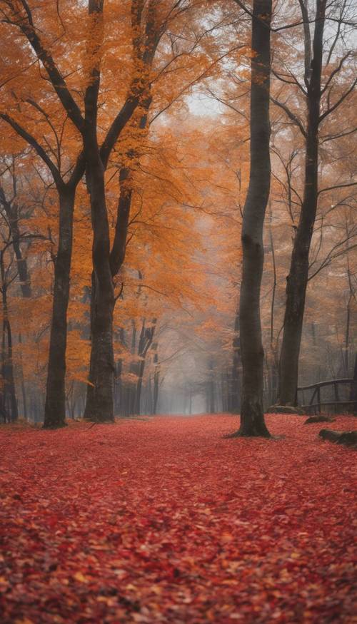 In un pomeriggio autunnale, una foresta grigia ricoperta di foglie cadute rosse, arancioni e gialle.