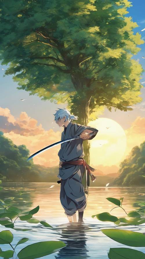 Seorang ninja anime muda dengan terampil menyeimbangkan diri di atas daun yang mengambang di atas sungai yang tenang saat fajar.