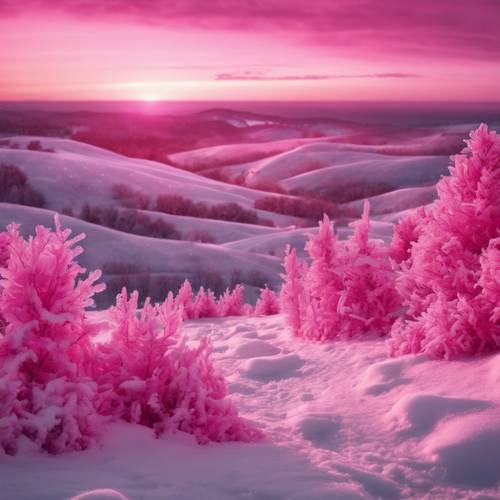 Un paisaje cristalino cubierto de nieve bajo un cielo rosa intenso de ensueño.