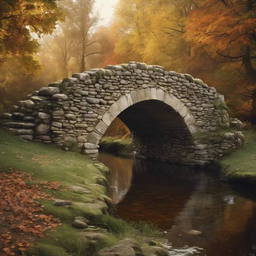 A picturesque scene of a medieval stone bridge arching over a quiet creek, surrounded by autumnal hues in a peaceful woodland area.