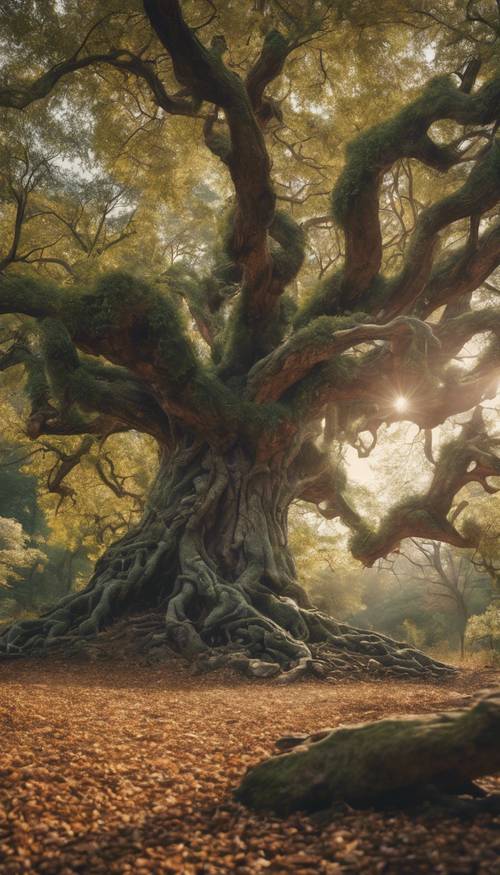 Древнее раскидистое дерево с лиственными ветвями, в котором обитает шумное сообщество лесных существ. Обои [40ada6d34b894c28884f]