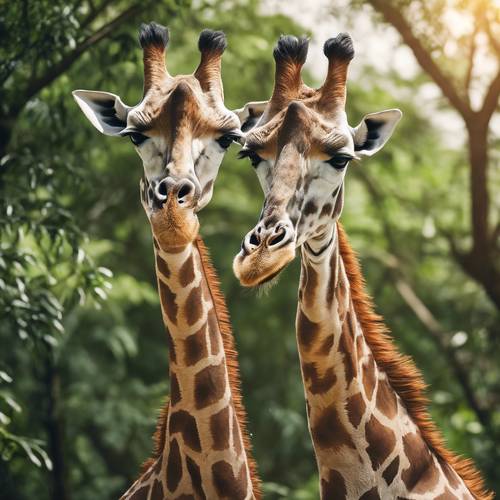 Two giraffes, necks intertwined; a close bond visible between them against a green jungle backdrop.