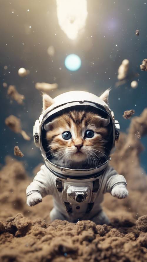 一隻可愛的小貓戴著一個小小的太空人頭盔，漂浮在太空中，好奇地用爪子抓著一顆經過的流星。