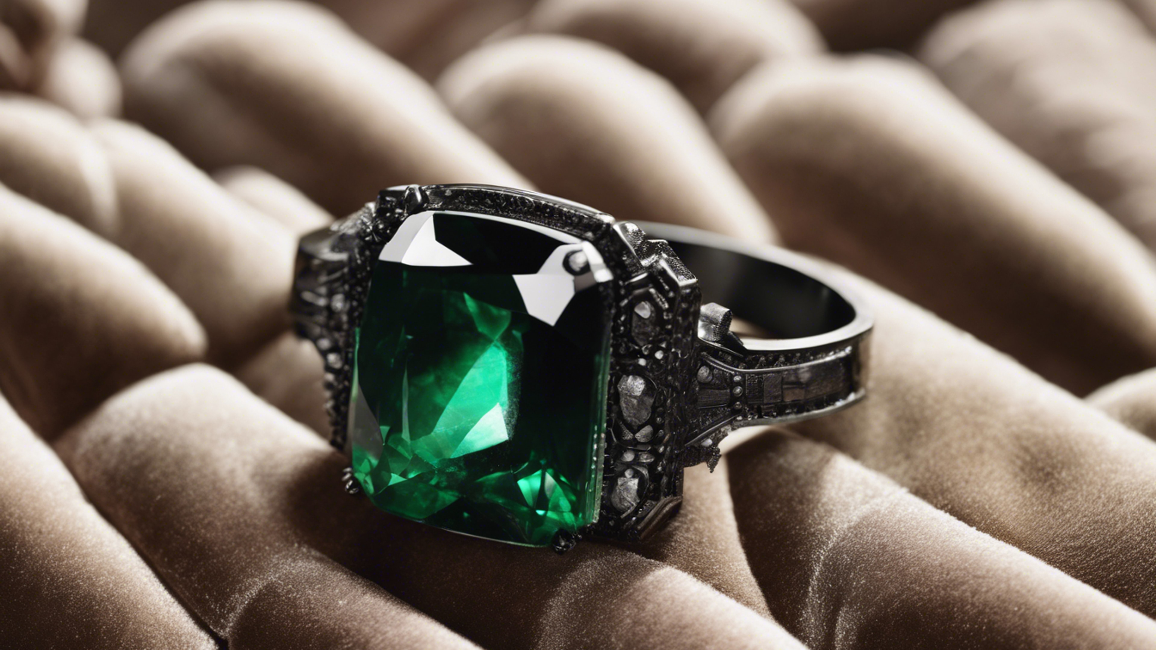 A close-up of a black-green emerald gemstone on a velvet cushion. Wallpaper[96958a06d88c413cb417]