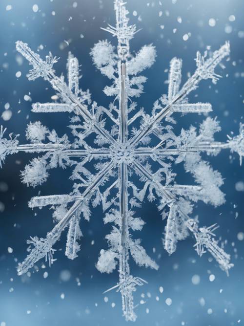 A perfectly symmetrical snowflake with intricate patterns against a winter blue background.