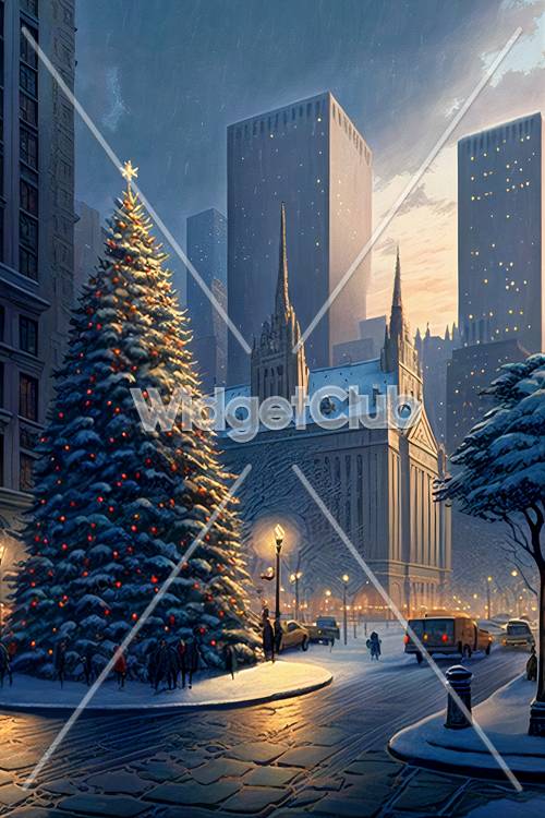 Christmas Tree in Snowy City Scene Tapeta [809907029ebe499ab919]