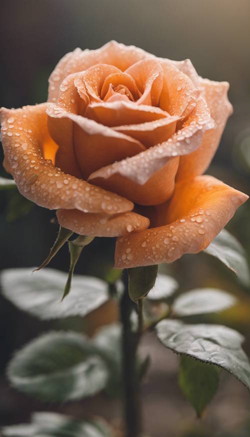 Ripresa macro di una rosa arancione in piena fioritura.