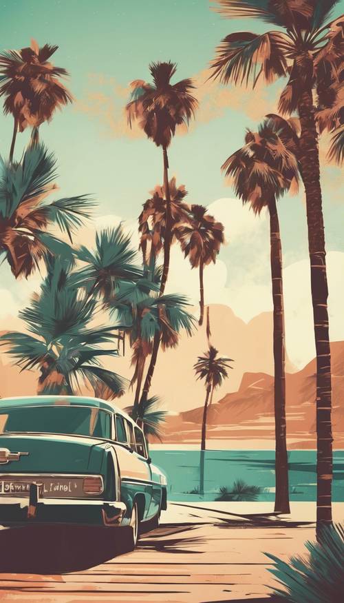 A palm tree drawn in the style of mid-century travel posters, with a retro color palette. Tapet [5330a36a9ae74e0a8930]