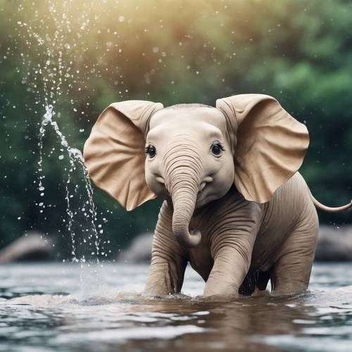 Seekor gajah krem ​​lucu dengan mata kawaii sedang memercikkan air dengan gembira di sungai yang indah.
