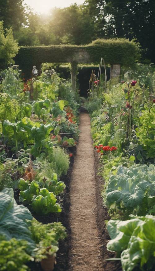 Un próspero huerto en un jardín inglés, con varias etapas de crecimiento de las plantas, marca la llegada del verano.