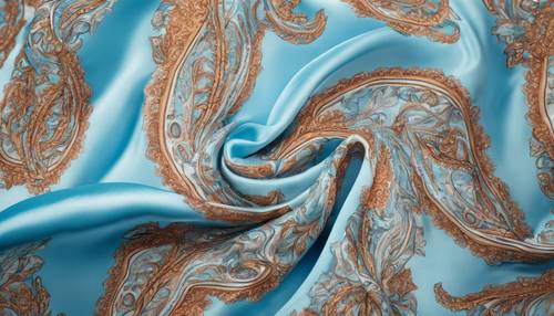 A preppy light blue silk scarf with an elaborate paisley print, gently twisted.