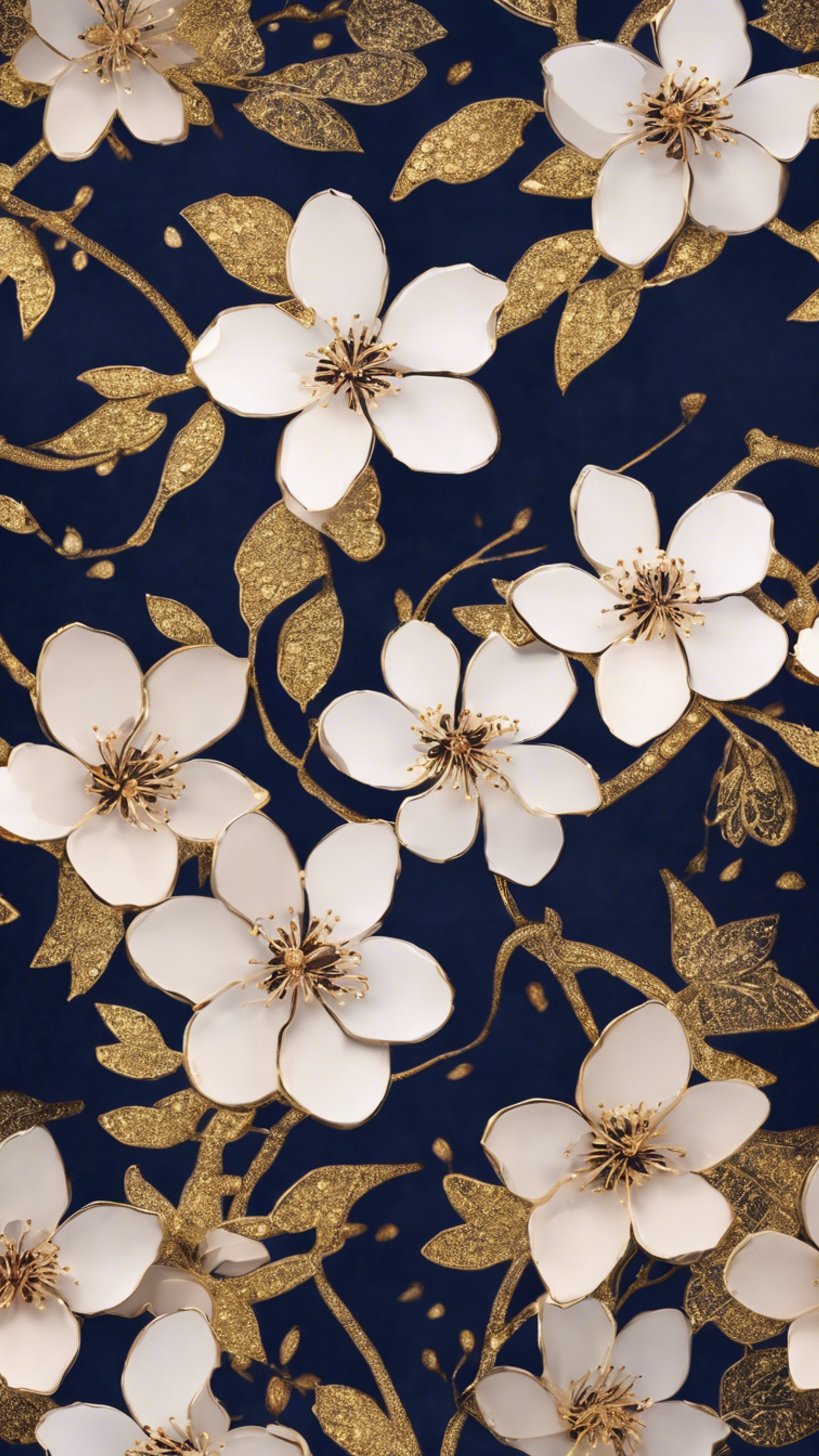 A sophisticated floral pattern with gold embellished cherry blossoms on a deep indigo background.壁紙[d0e0e08eef6545a9b688]
